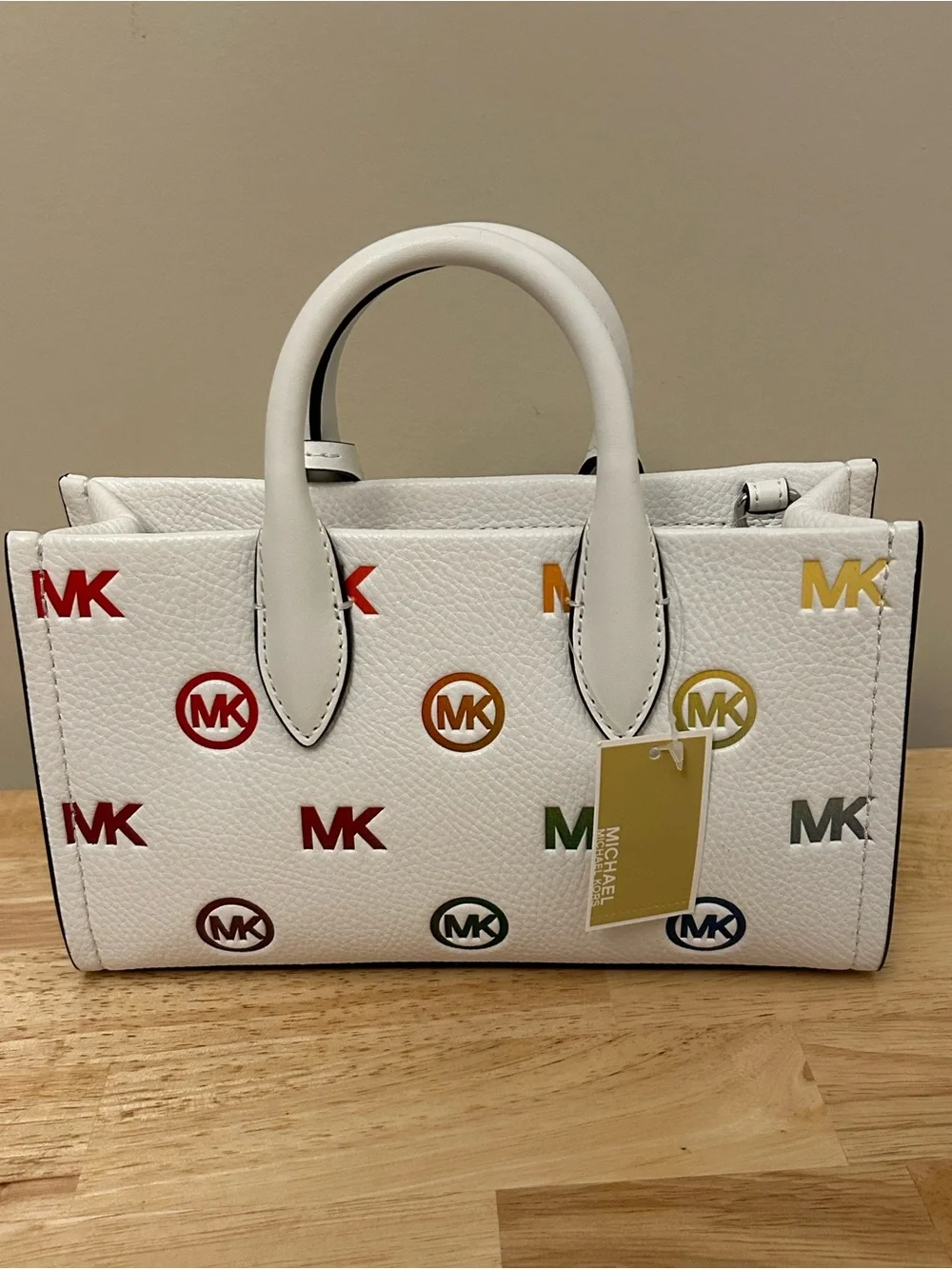 Michael Kors White Leather Satchel with Multicolor MK Accents